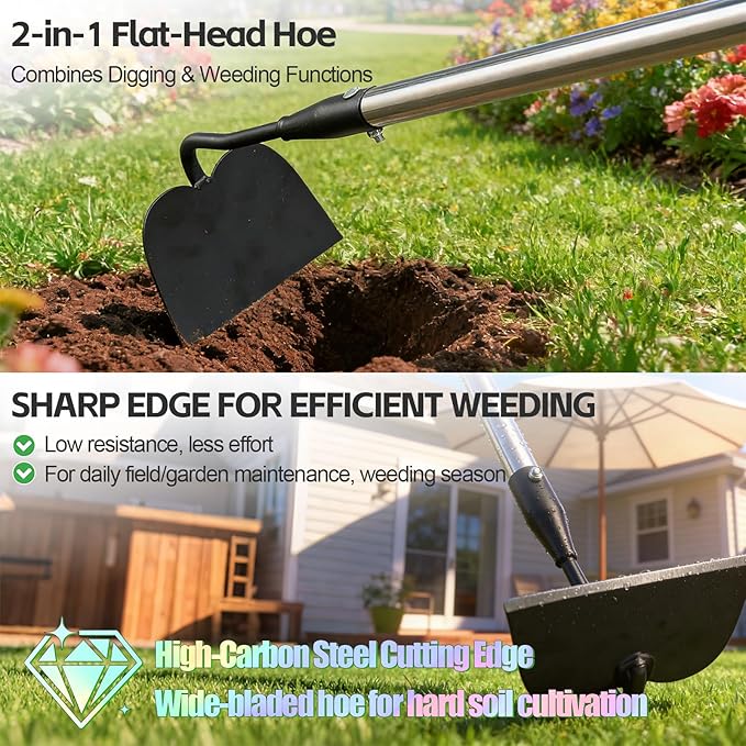 Heavy Duty Draw Hoe, 66 Inch Garden Hoe for Weeding and Tilling - Stand Up Gardening Tool for Plowing, Cultivating, Loosening Soil, Scraping Weeds - Long Handle Reduce Back Strain