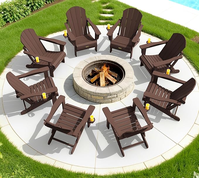 SERWALL Folding Adirondack Chair Set of 6, Weather Resistant HIPS Lawn Chairs with Cup Holder for Backyard, Garden (Folding Coffee)