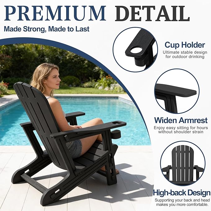 Vongrasig Adirondack Chairs Set of 2 with Removable Tabletop, Outdoor HDPE Plastic Fire Pit Chair Set with Wooden Textured, Cup Holder for Patio, Poolside, Deck, Garden, Black, 3 Pieces