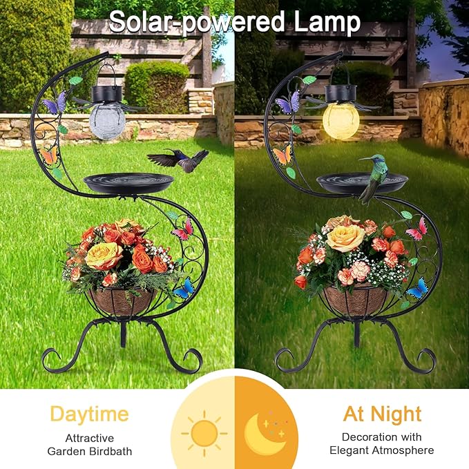 hogardeck Bird Bath for Outside with Solar Lamp, Metal Birdbaths for Outdoors with Flower Planter Pedestal, Vintage Birdbath for Garden Yard Patio Lawn Decor