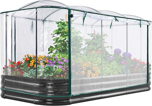 KING BIRD Raised Garden Bed with Cover Galvanized Oval Planter Garden Box 94.5x47.2x11.8 in, Clear, Outdoor for Gardening, Vegetables, Flowers