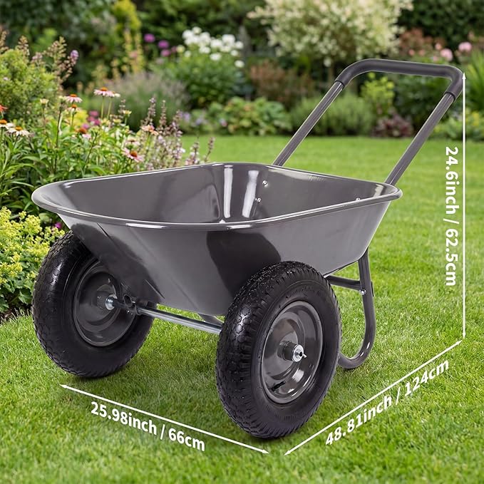 Garden Wheelbarrow Cart, Heavy Duty Utility Cart with Dual Wheels and Built-in Stand, Iron and Plastic Yard Cart for Home, Lawn and Garden