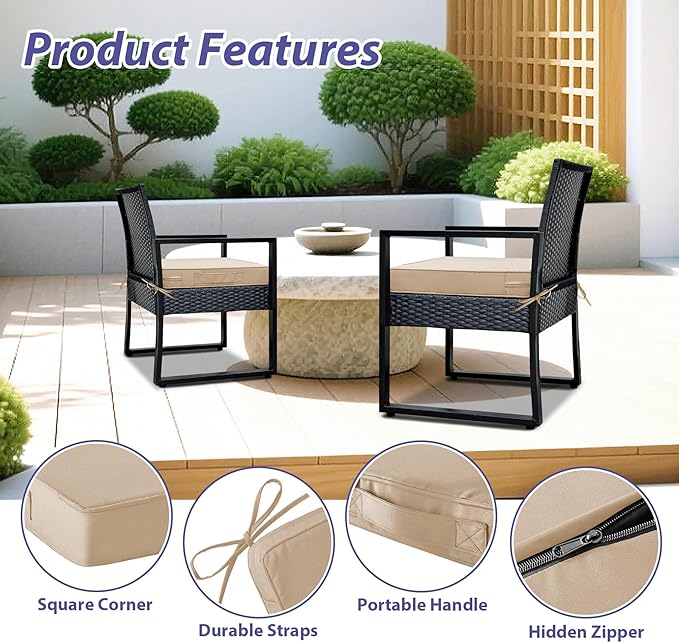 IPYNBAP Outdoor Chair Cushions Set of 4 -Waterproof Outdoor Seat Cushions for Patio Furniture, Patio Chair Cushion with Handle and Ties, Square Out Door Chair Pads,17" x 16" x 2",Beige