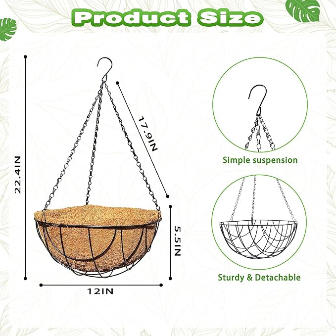 2 Pack 12 Inch Metal Outdoor Hanging Baskets Black Heavy Duty Hanging Planters with Coco Liners for Indoor Outdoor Plants Gardens Patios Terraces（Earth）