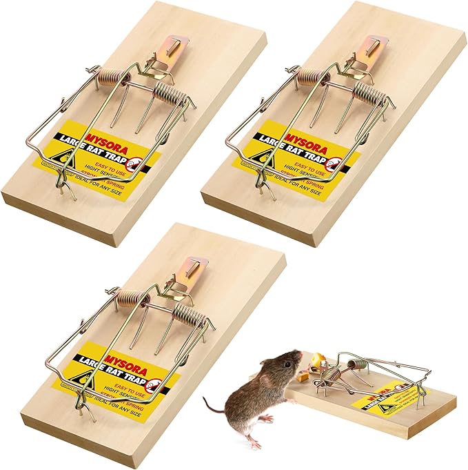 3 Pack Large Wooden Mouse Traps, Heavy Duty Rat Snap Traps with Metal Pedal, Sturdy Reusable Mousetraps for Fast Capture of Large Rats & Rodents, Safe for Indoor & Outdoor Use