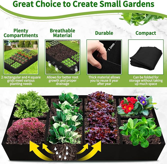 Fabric Raised Garden Bed, 6 x3 x1 FT Large Garden Grow Bags Rectangle Breathable Planting Containers with 4 Grids Reusable Heavy Pot Garden Tools for Vegetables Flowers Plants(128 Gallon Vol.)