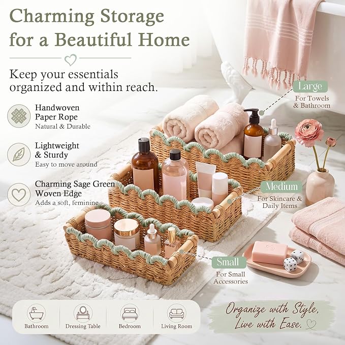 3 Pcs Paper Rope Storage Basket with Wooden Handles Scalloped Toilet Paper Organizer Bathroom Wicker Basket Organizer for Bathroom Countertop Living Room Home Decor (Sage Green)