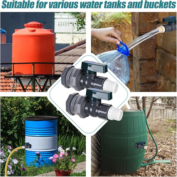 2 Pcs Easy Install Rain Barrel Spigot Kit, 3/4 Inch Rain Barrel Valve with Hose Faucet Adapter Thread Sealing Tape, Durable PVC Barrel Diverter Kit for Garden Barrels Water Tanks Aquariums