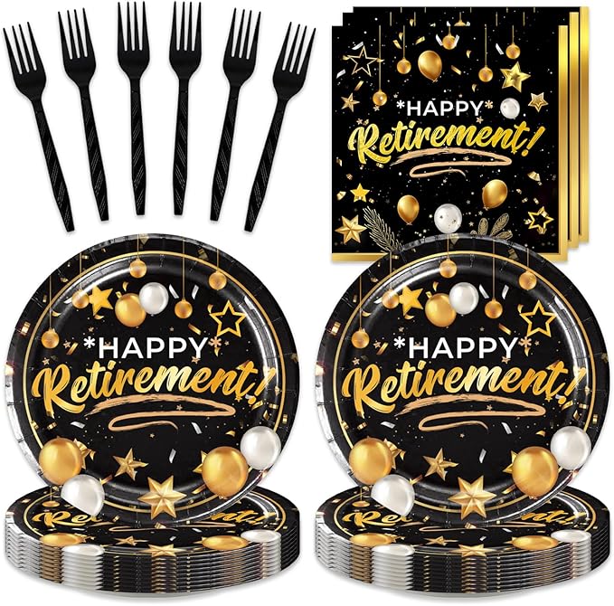 48Pcs Black and Gold Retirement Party Supplies Happy Retirement Party Plates Napkins and Forks Decorations Set for 16 Guests