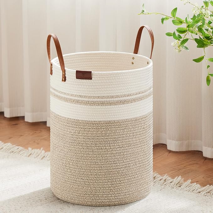 VIPOSCO 58L Tall Woven Rope Laundry Hamper, Leather Handles, Brown & White | Large Wicker Laundry Basket for Dirty Clothes, Blanket, Toy, Towel, Yoga Mat, Storage Bin in Bedroom, Bathroom, Living Room