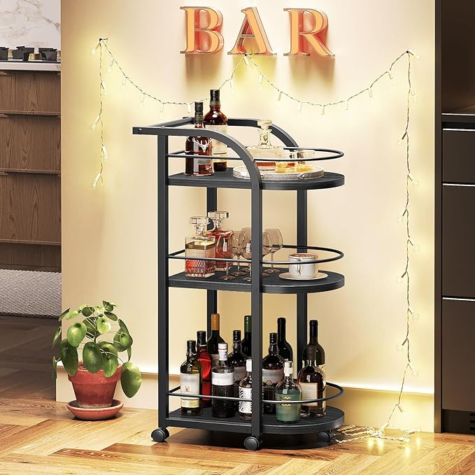 YATINEY 3-Tier Bar Cart, Home Bar Serving Cart with Fence and Wheels, for Dining Room, Living Room, Garden, Party, Black BC06BB
