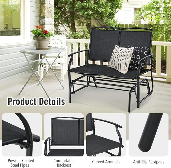 Tangkula 2-Person Patio Glider Bench, Outdoor Rocker Glider Loveseat Chair W/Heavy-Duty Steel Frame, Breathable Seat Fabric, Rocking Lounge Chair for Poolside, Garden, Backyard (Black)