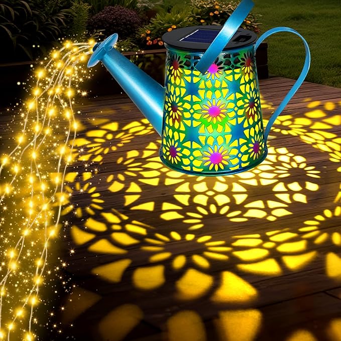 Solar Lights Outdoor Decorative, Blue Metal Solar Watering Can Lights Waterproof, Gifts for Women Mom Mother's Day, Hanging Lantern Decoration Garden Decor Yard Light for Outside Patio Lawn Porch