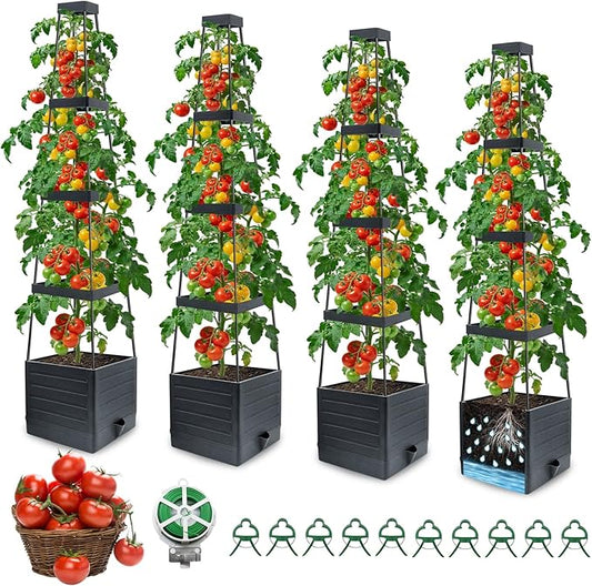 MQFORU 4Pack Raised Garden Bed Planter Boxes with Trellis, 57" Self-Watering Tomato Planter Boxes with Trellis for Climbing Vegetable and Plants, Tomato Cage for Indoor Outdoor Use
