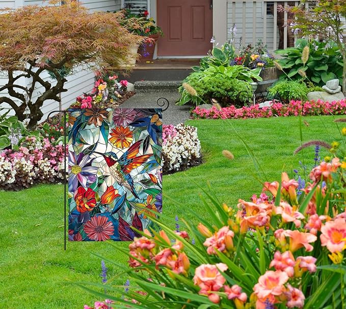 Stained Glass Spring Hummingbird Garden Flag 12x18 Inch Double Sided for Outside, Colorful Small Large Burlap Yard Flag for Summer Farmhouse Holiday Outdoor Decorations