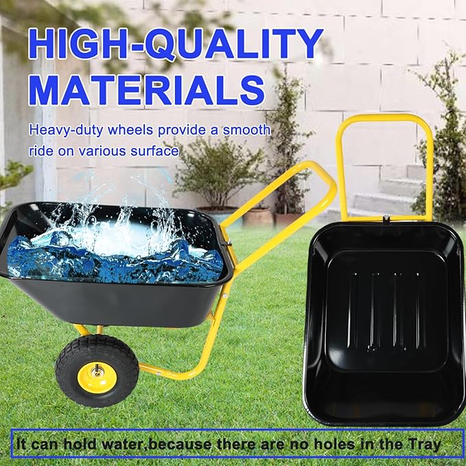 Two-Wheeled Barrow, Garden Cart, 10-Inch Pneumatic Wheels (Yellow + Black) Yellow+Black High Load Bearing Stability Garden, Warehouse Use