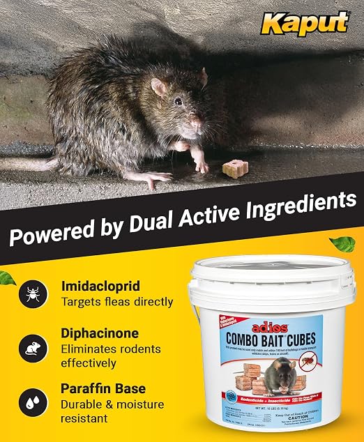Kaput Adios Combo Bait Cubes – Dual-Action Rodenticide + Insecticide Rat Bait Blocks for Rats, Mice & Fleas, 18 lbs