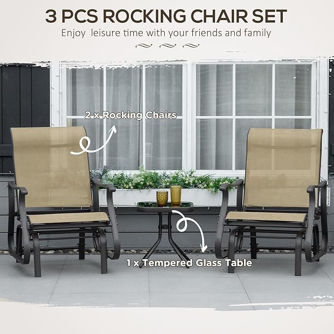 Outsunny 3-Piece Outdoor Gliders Set, Bistro Table and Chairs with Steel Frame, Tempered Glass Top Table for Patio, Garden, Backyard, Lawn, Gray