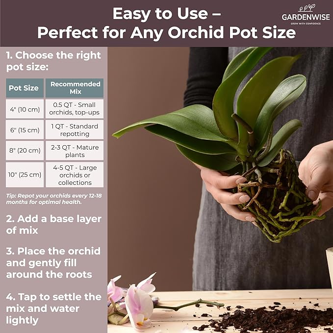 GARDENWISE Orchid Potting Mix – Orchid Bark, Sphagnum Moss, Tree Fern & Perlite for Repotting Phalaenopsis Orchids, Indoor Plants, Orchid Soil Medium – Sustrato para Orquídeas (4 Quart)