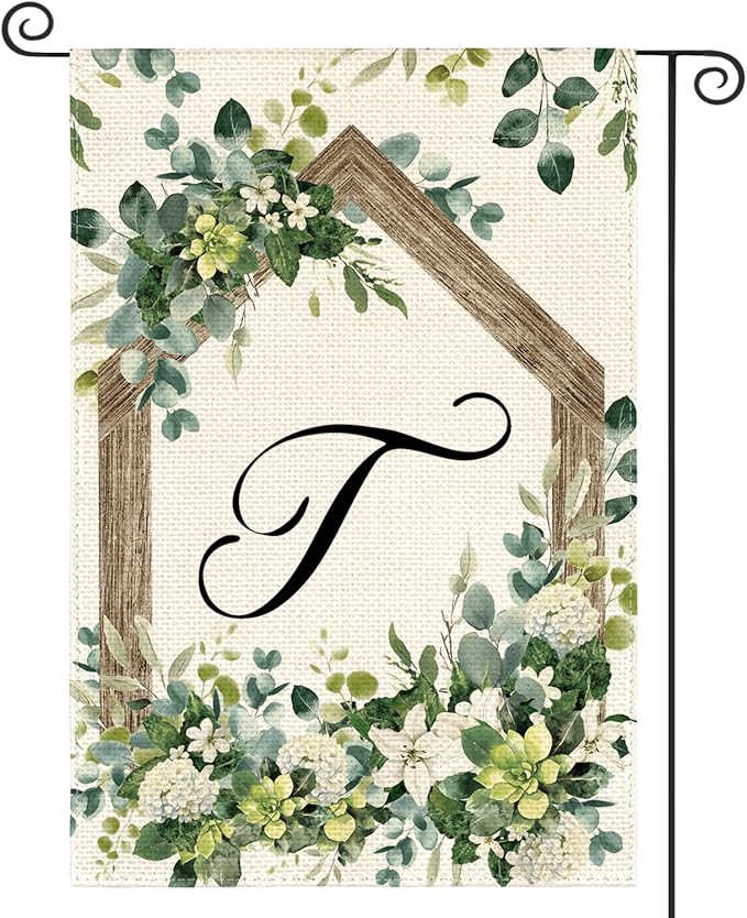 AVOIN colorlife Initial Letter T Monogram Garden Flag 12x18 Inch Double Sided Outside, Spring Floral Family Last Name Yard Decoration