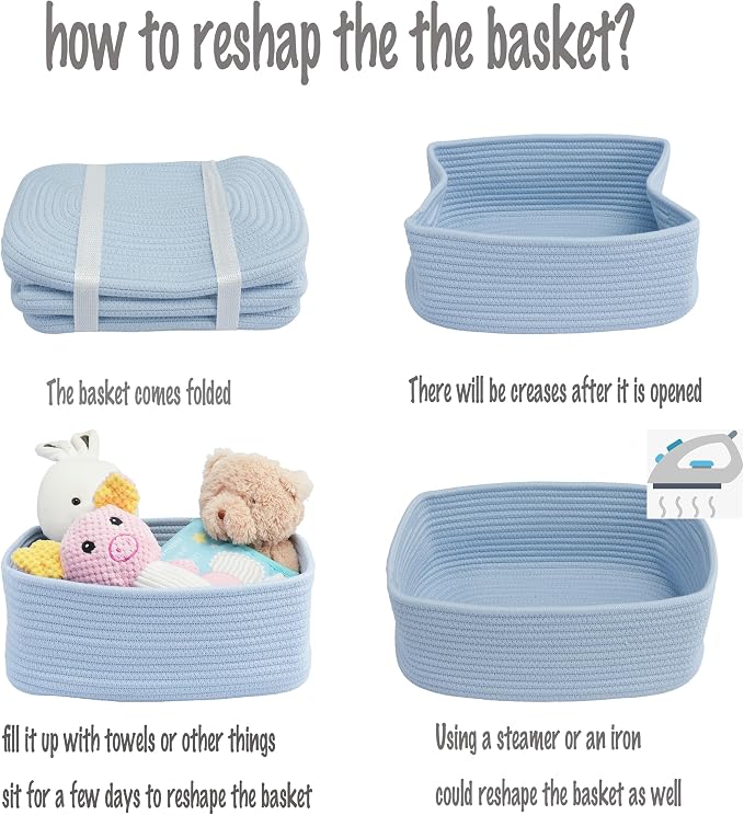XUANGUO Small Woven Storage Baskets for Shelves, 13" x 9" x 5", Blue