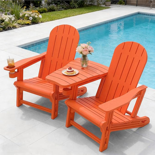 Vongrasig Adirondack Chairs Set of 2 with Removable Tabletop, Outdoor HDPE Plastic Fire Pit Chair Set with Wooden Textured, Cup Holder for Patio, Poolside, Deck, Garden, Orange, 3 Pieces
