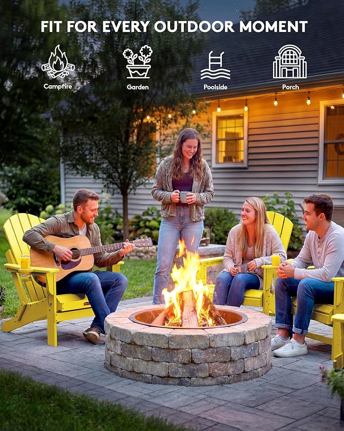 SERWALL Foldable Adirondack Chair Set of 4, Weather Resistant HIPS Patio Chairs with Cup Holder for Garden Outdoors-Lemon