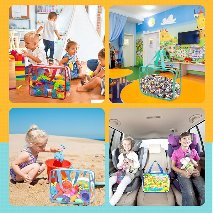 8 Packs 8 Colors Large Toy Storage Bags with Zipper and Labels, Clear PVC Waterproof Toy Organizers Bags for Board Games, Puzzles Pieces, Building Blocks, Handmade Accessories, Kid Books