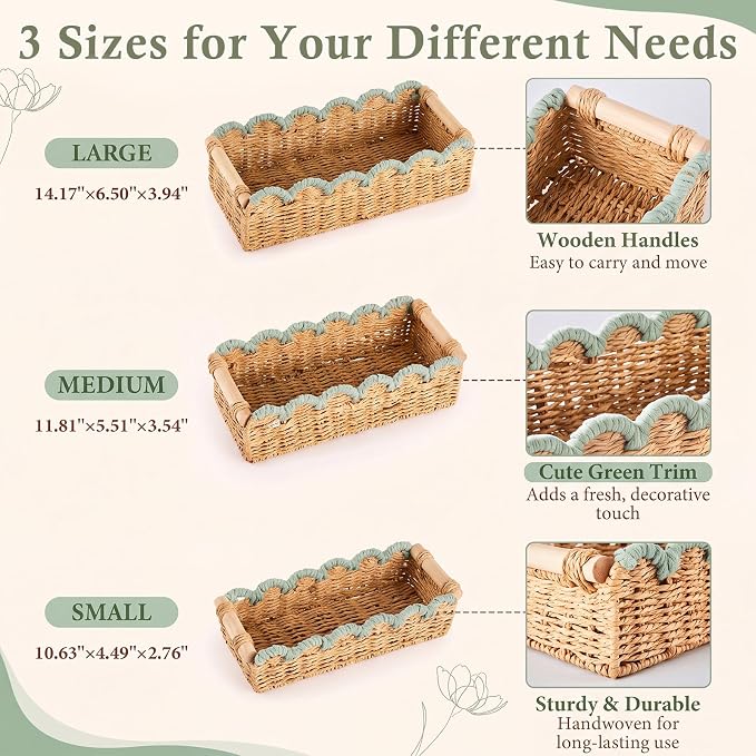 3 Pcs Paper Rope Storage Basket with Wooden Handles Scalloped Toilet Paper Organizer Bathroom Wicker Basket Organizer for Bathroom Countertop Living Room Home Decor (Sage Green)