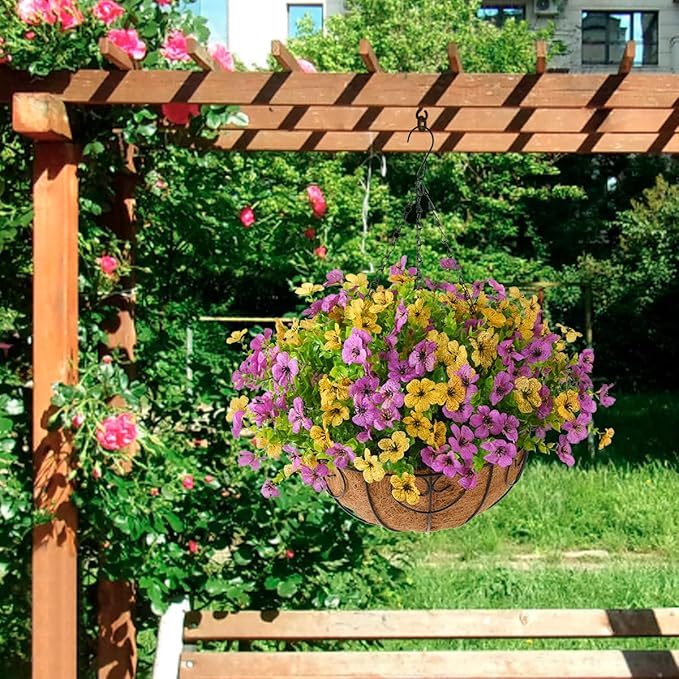 ZFProcess Artificial Faux Hanging Plants Flowers Basket for Spring Outdoor Decoration, Fake Silk Daisy in Planter Realistic UV Resistant Look Real for Porch Home Patio Balcony Yard(Purple Yellow)