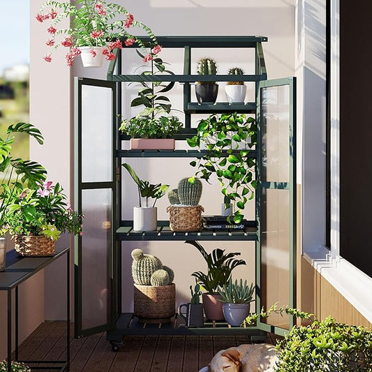 Mini 4-Tier Greenhouse with Locking Wheels, 62 Inch Height Portable Wooden Green House Cold Frame with Adjustable Shelves and Vent, Small Garden House for Outdoor Indoor, Forest Green