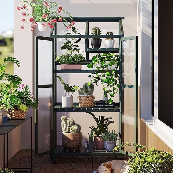62'' H Wood Greenhouse for Outdoors, Portable Cold Frame Greenhouses with Wheels & Adjustable Shelves for Indoor, Garden, Patio Balcony,Easy Assembly,Green
