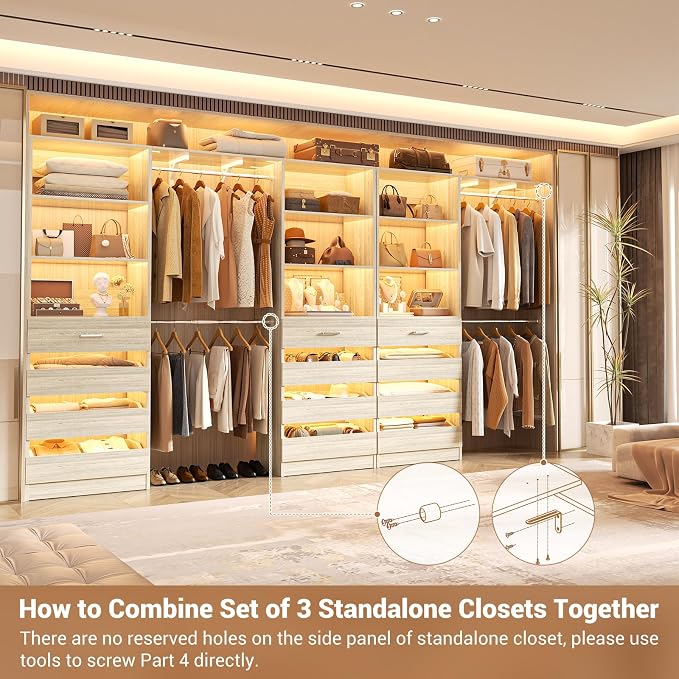 Aheaplus Closet System Set of 3, 138.5" Wood Closet Organizer System Tower with 12 Drawers & 4 Hanging Rods, 6.7+4.85Ft L Shaped Walk-in Closets Wardrobe Organizer Garment Rack with Shelf, White Oak3