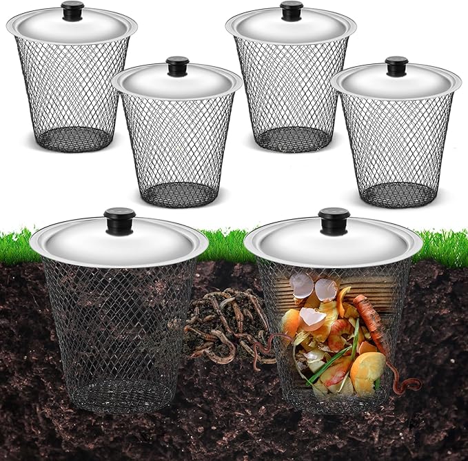 MorningRo 4 Pcs Inground Worm Composter with Lids 9.1 x 9.1 x 5.9 Inch Farm Worm Compost Bin Outdoor for Recycling Kitchen Food Waste to Raised Garden Beds