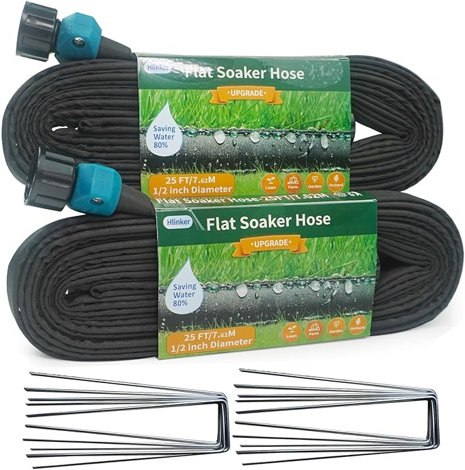 Hlinker 2026 Flat Soaker Hose 50 ft (25ft 2Packs) with Stake for Garden, Linkable Drip Hose Diy Automates Garden Irrigation System Saving 87% Water, Dual-layer Leak-free Design Water Hose with Holes