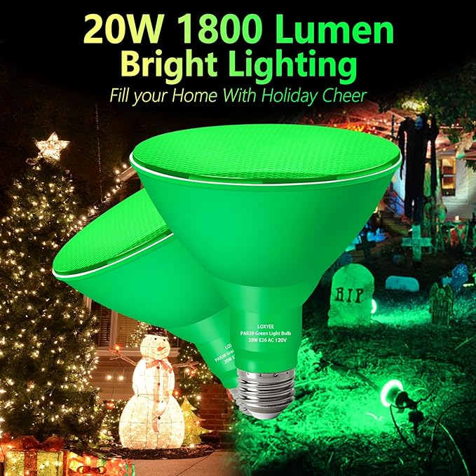PAR38 Flood Green Light Bulbs,4 Pack Dimmable,E26 Base Green Flood Light Outoor(20W Replace to 200W),Halloween Light Bulb for Outside,Christmas,Holiday Lighting