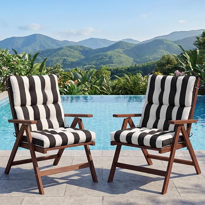Hoteam 4 Pcs High Back Chair Cushions Set - 44'' x 21'' Indoor Outdoor Waterproof Soft Thicken Stripes Replaceable Cushion for Garden Summer Rocking Chair, Patio Furniture (Black Stripes)