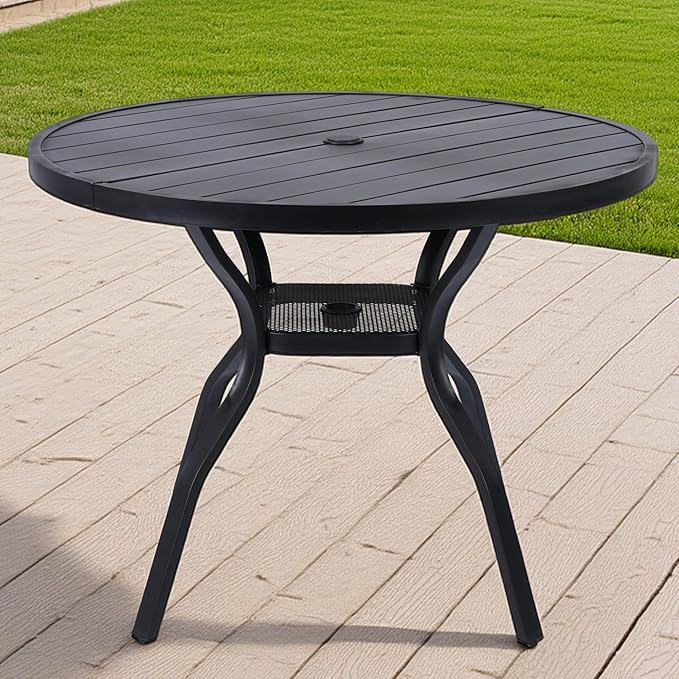 41" Outdoor Dining Table for 4 Person, Metal Round Patio Dining Table with Adjustable Umbrella Hole for Garden, Partitioned Storage Shelf, Backyard and Porch, Black