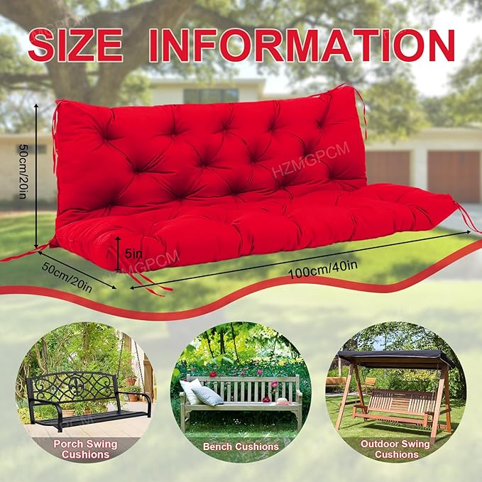 Premium 5" Thick Waterproof Outdoor Swing Cushions Sturdy Durable 2 Seat Replacement Porch Swing Cushions with Backrest&Ties Bench Cushion for Outdoor Furniture Backyard Patio (Bright red)