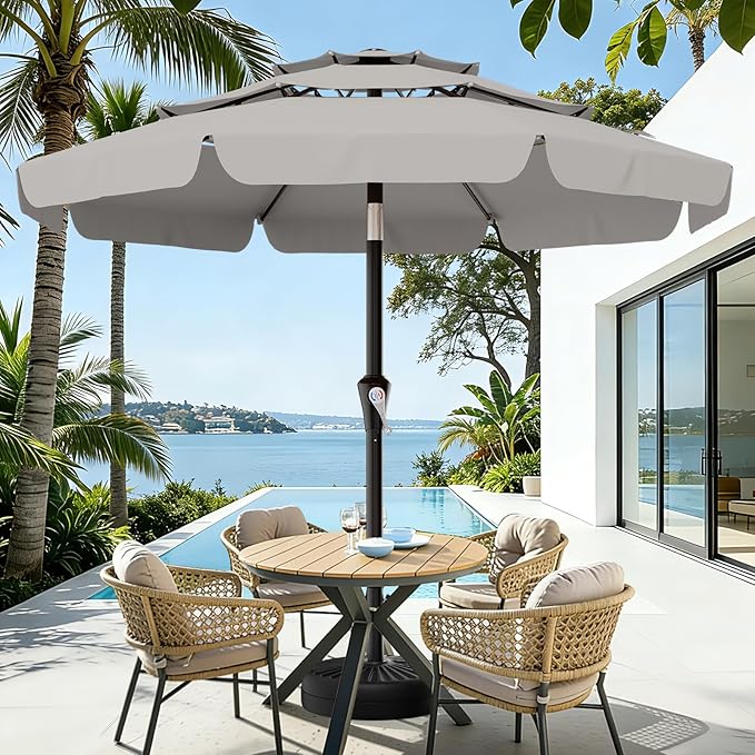 AreShark 9FT 3-Tiers Patio Umbrella with Valance, Outdoor Umbrellas with Crank/Tilt, Table Market Umbrella Vented w/ 8 Sturdy Ribs for Garden, Deck, Backyard, and Pool, Foggy Gray