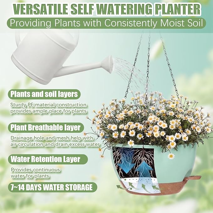 Sliner Set of 4-12 Inch Self Watering Hanging Planters Includes Hanging Pots and Outdoor Hanger Plant Pots with Drainage Holes 2 Types of Hanger Basket Hooks for Patio Garden(Green Brown)