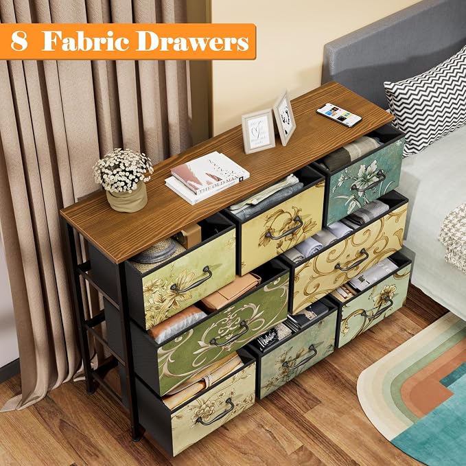 Furnulem 8 Drawer Dresser for Bedroom, Wide Vintage Fabric Chest of Drawers | Vintage Dresser for Closet, Fabric Storage Drawer Units, Retro Floral Dresser for Living Room, Hallway, Entryway, Wooden Top