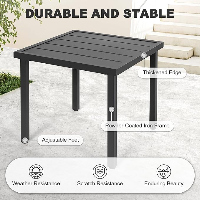 NUU GARDEN Square Outdoor Side Table with Slatted Top and Adjustable Feet, Powder-Coated Metal Patio Table, All-Weather Patio Coffee Table for Backyard Pool Porch Garden Lawn, Black