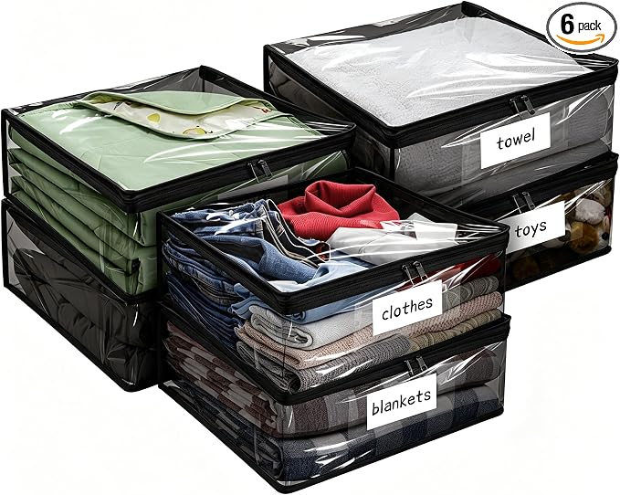 Plastic Storage Bags with Easy-Glide Zipper, Pack of 6, Durable Clear Vinyl Zippered Storage Bags for Clothes Sweaters Comforters Blankets Sheets Bedding (18 x 15 x 4 Inch, Transparent Black)