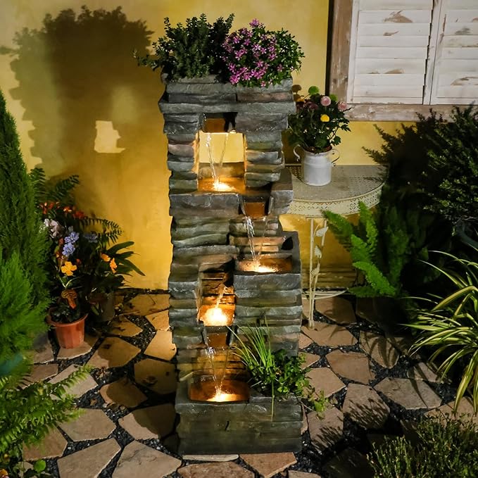 Tankana 60 inches Large Outdoor Water Fountain Waterfall — Garden Rock Fountains 4-Tiered Waterfalls Outdoor with Lights Natural Stone Look Hollow Fountain for Patio Pool Porch Backyard, Stone Gray