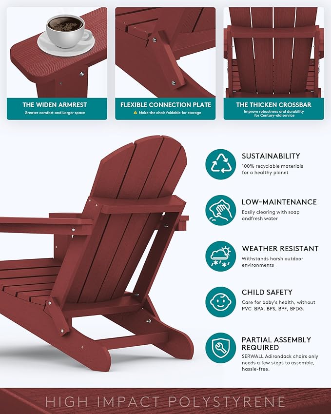 SERWALL Foldable Adirondack Chair Set of 2, Weather Resistant HIPS Patio Chairs with Cup Holder for Garden Outdoors Fire Pit Chairs- Red