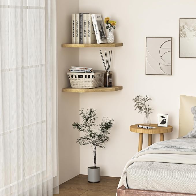 Corner Shelf Wall Mount, Floating Corner Shelves, Set of 2 Corner Wall Shelf Organizer, Rustic Wood Wall Storage Display Shelves for Living Room Bedroom Bathroom Kitchen, Rustic Brown, Oak