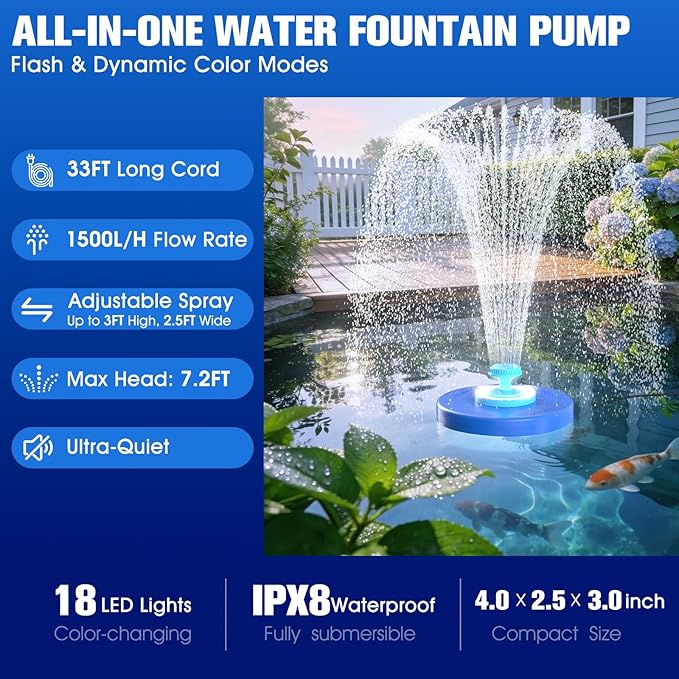 Large Pond Fountain,Floating Pool Fountain with LED Lights,Big Floating Water Fountain Pump,Pond Fountain Aerator with Anchor,Outdoor Pool Water Feature for Pond,Garden (Corded Electric,33FT Cord)
