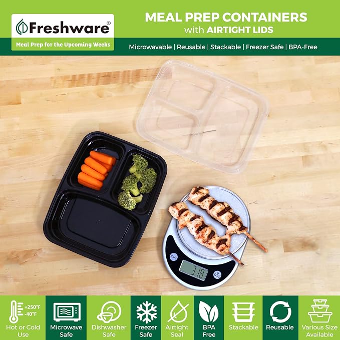 Freshware Meal Prep Containers [15 Pack] 3 Compartment with Lids, Food Containers, Lunch Box, BPA Free, Stackable, Bento Box, Microwave/Dishwasher/Freezer Safe (32 oz)
