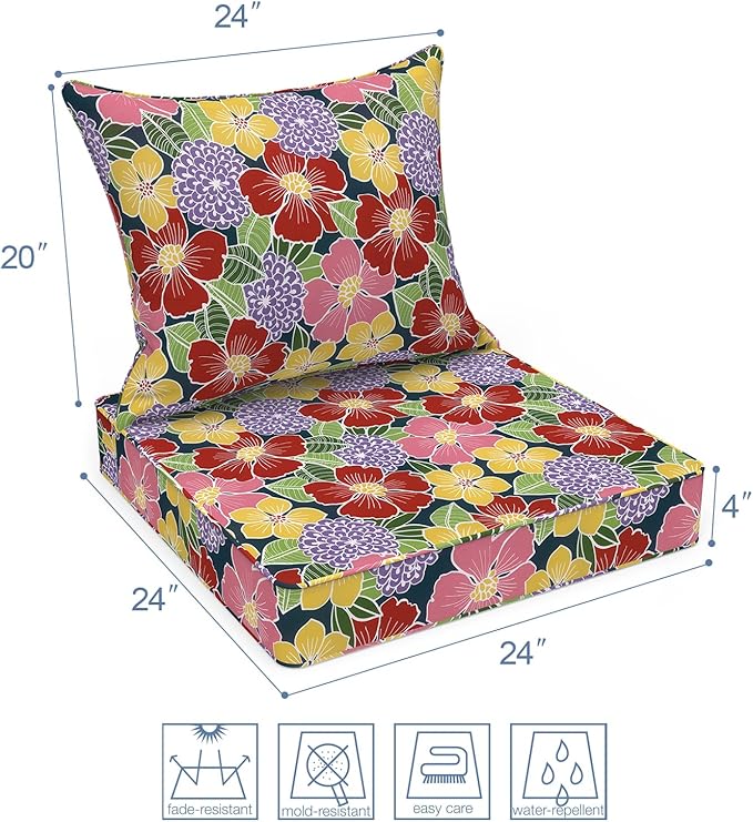 LVTXIII Outdoor Deep Seat Cushion Patio Seat and Back Cushion Set Seasonal Chair Cushion for Dining Arm Chairs, Wicker Chairs and Garden Furniture Decoration, 22"x22"x4", Flower Bloom